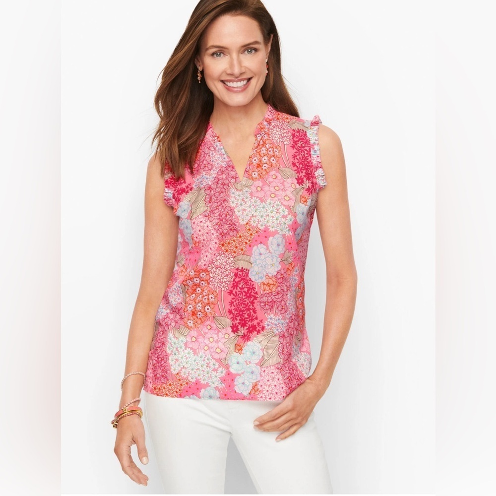 Talbots Floral V-Neck RUFFLE TRIM SHELL - CLUSTER GARDEN Blouse